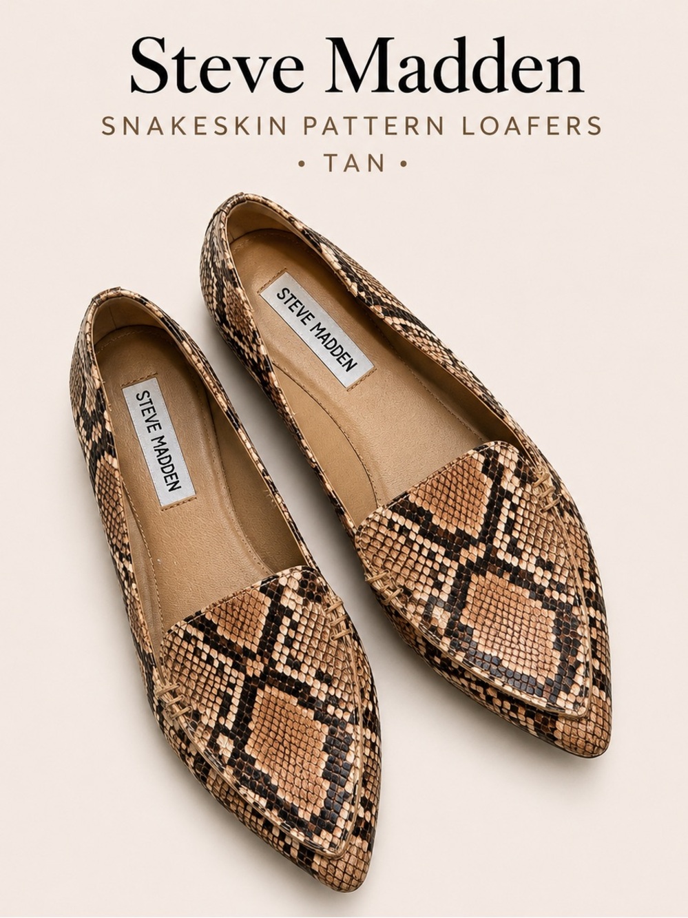 Steve Madden Snakeskin Loafers Tan Pointed Toe Flats Size 8.5 Chic Slip On